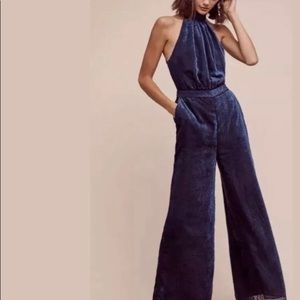 Anthropologie Elevenses Nova Velvet Jumpsuit Navy